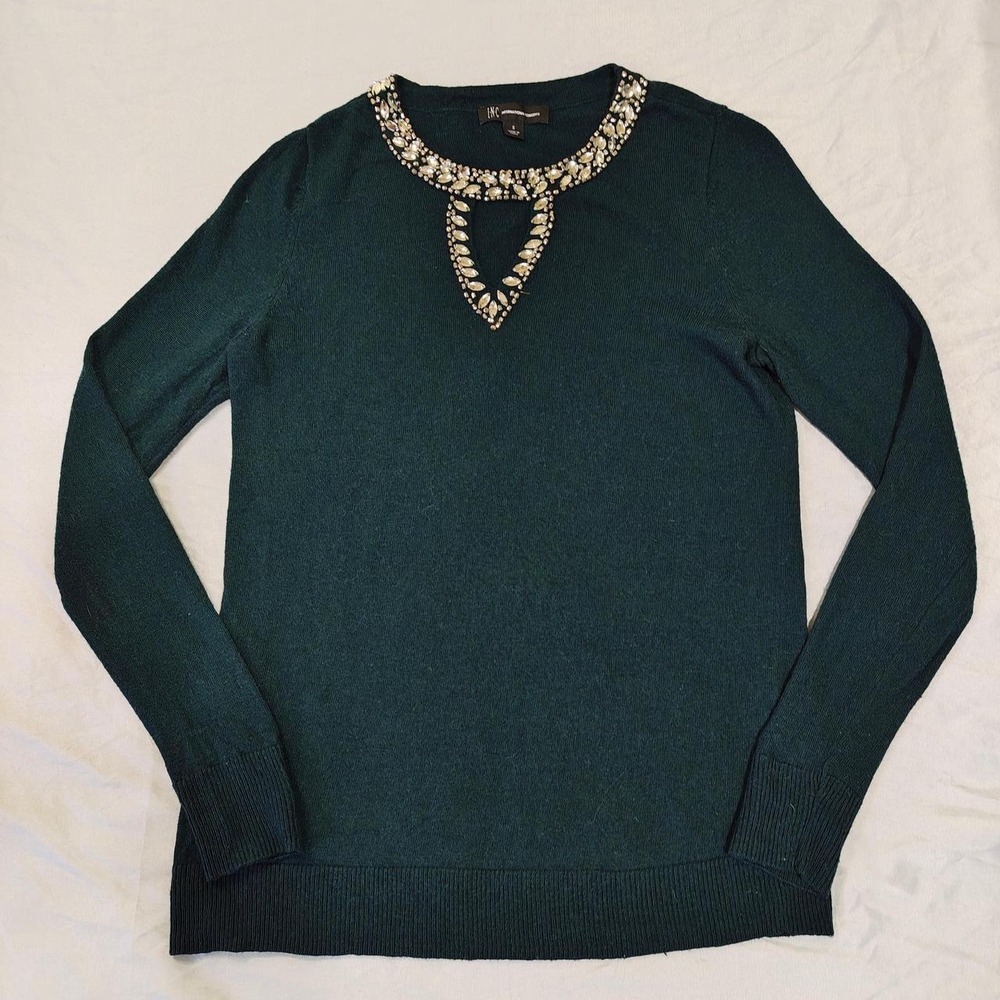 INC Womens Sweater Small Green Embellished Keyhole Neck Wool Silk Cashmere Knit